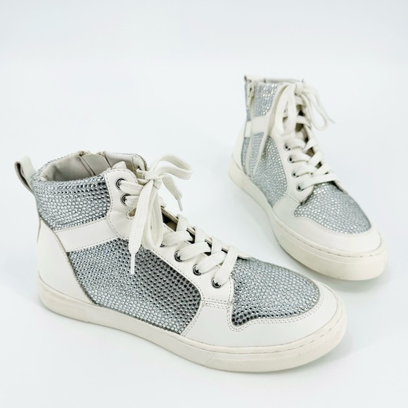 NWOB Steve Madden Rhea Glass Rhinestone Flocked Leather High Top Sneakers - Picture 2 of 14
